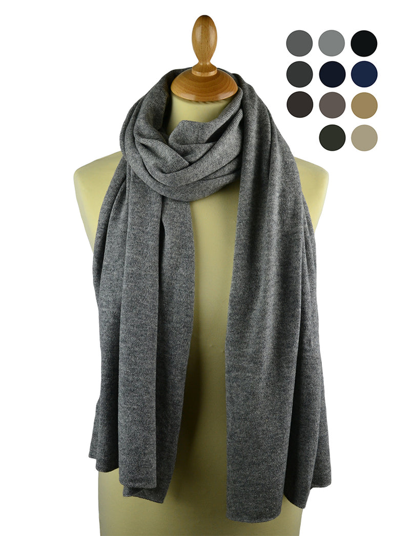 A cashmere knitted stole displayed on a mannequin, with 11 colour options shown in smaller images alongside.
