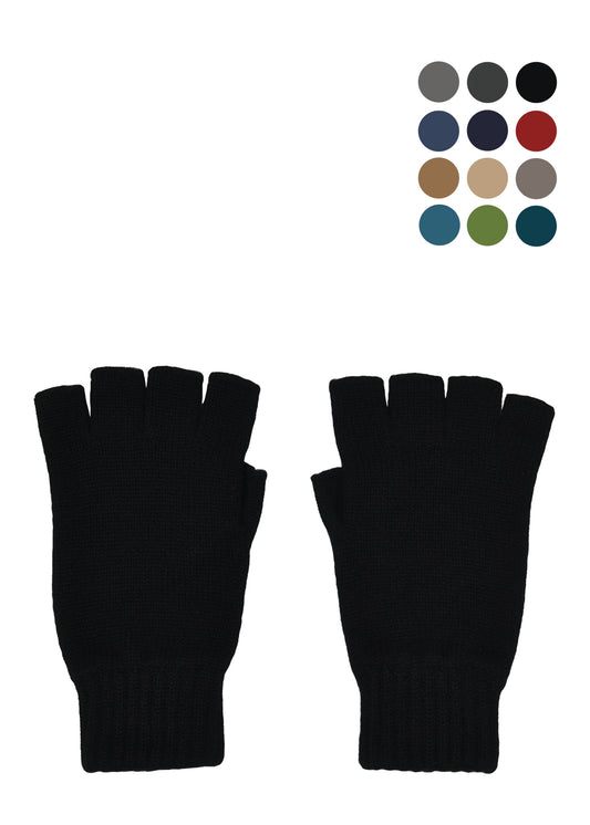 A pair of black knitted cashmere fingerless gloves laid flat on a white background with 12 colour swatch dots above in the right corner to show available colours.
