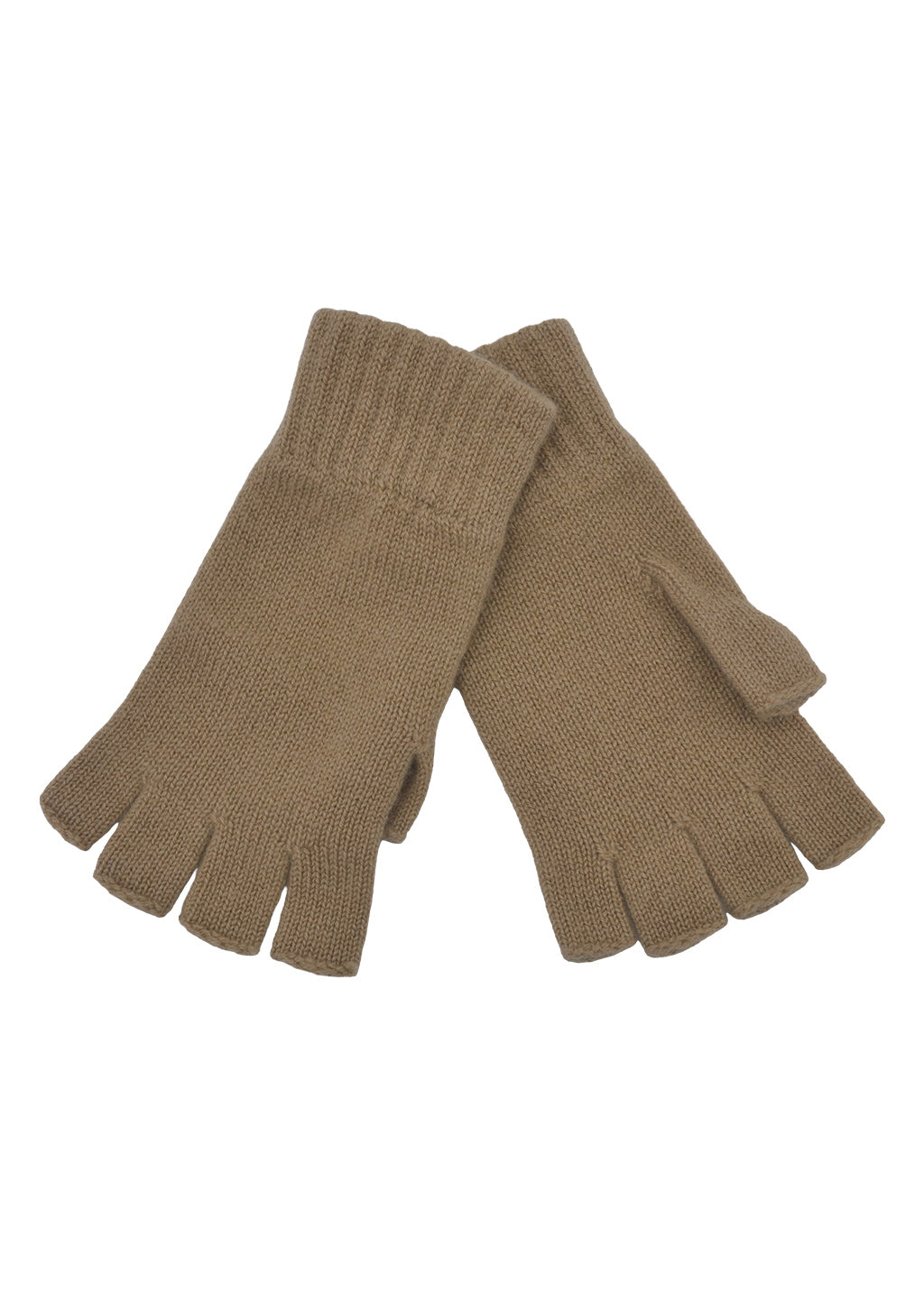 A pair of light camel brown knit fingerless gloves with ribbed cuffs, displayed against a plain white background.