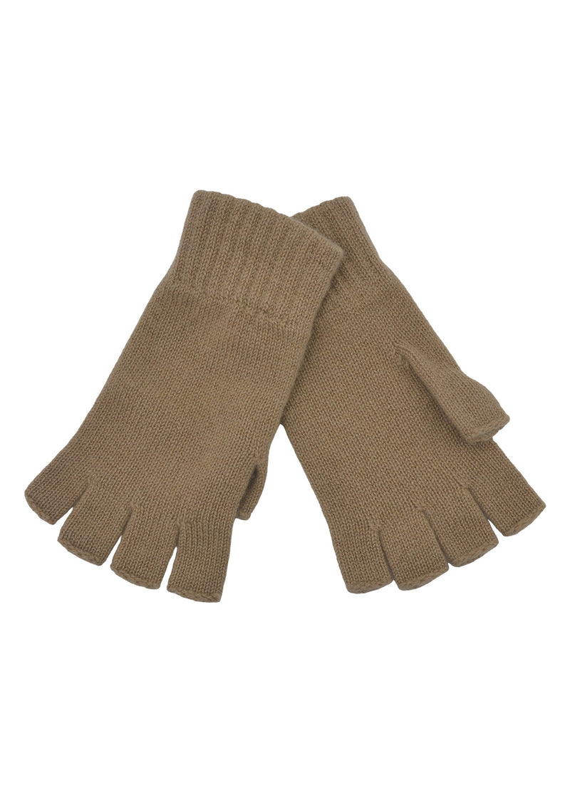 A pair of light camel brown knit fingerless gloves with ribbed cuffs, displayed against a plain white background.