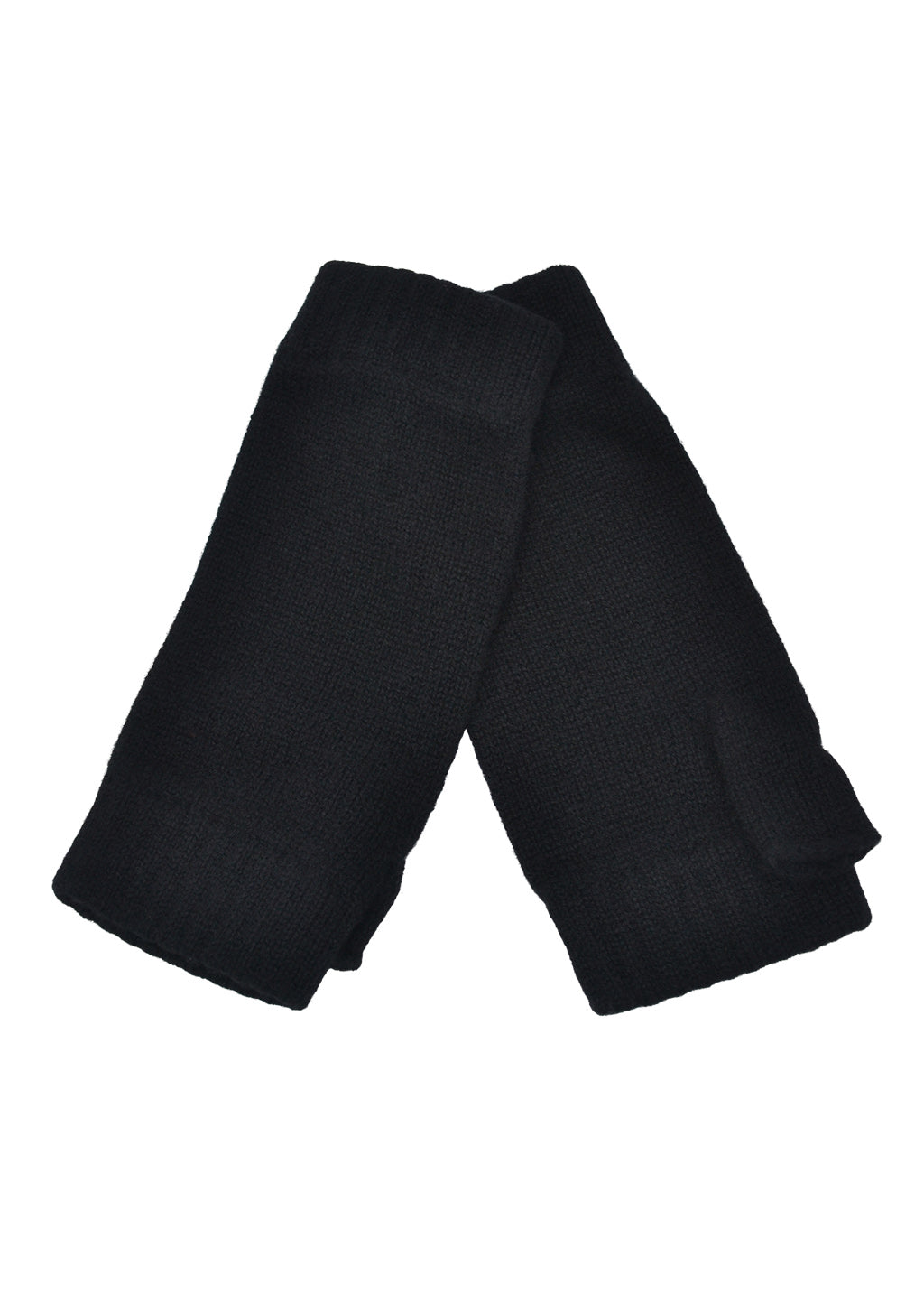 A pair of black knit cashmere wrist warmers folded together on a plain white background.