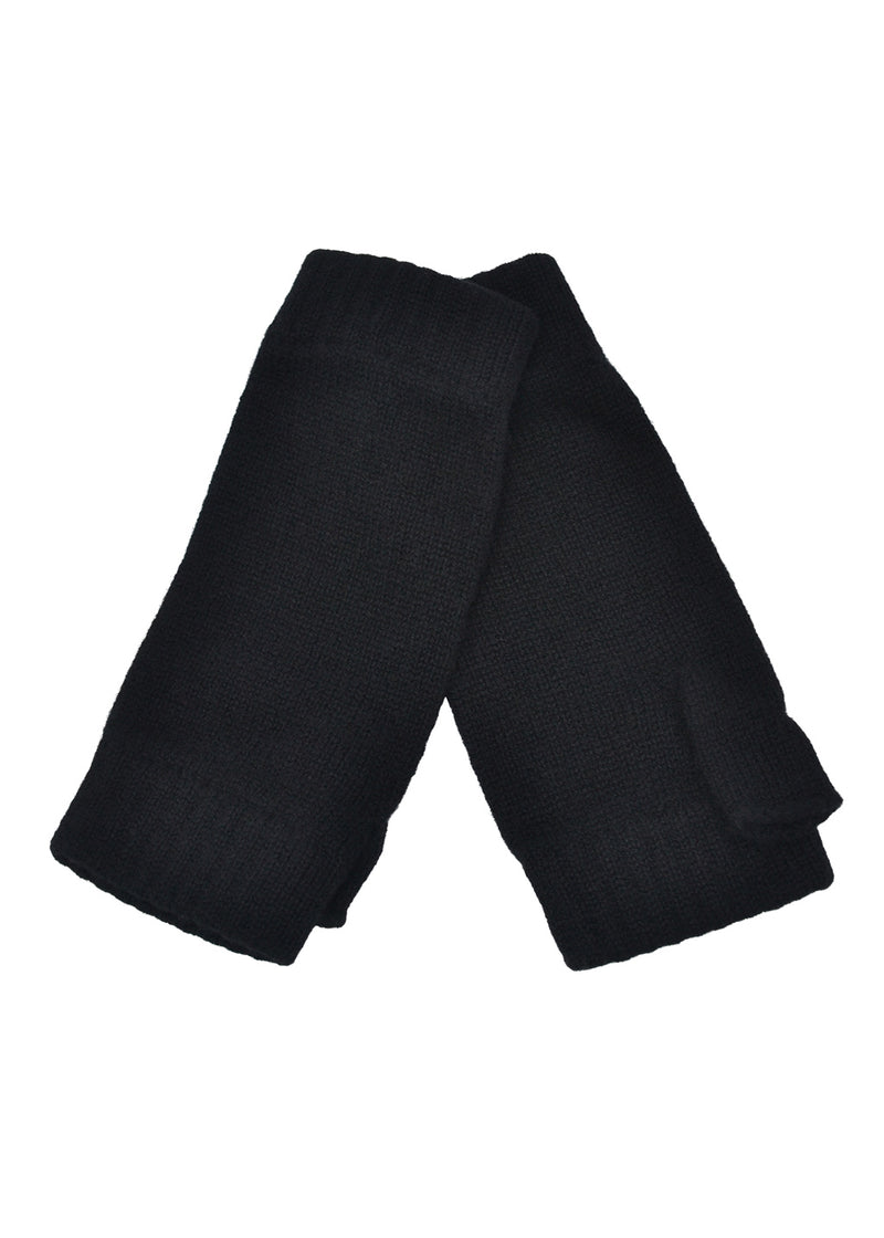 A pair of black knit cashmere wrist warmers folded together on a plain white background.