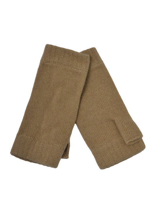 A pair of ribbed knit wrist warmer gloves in a light sandy-brown colour, displayed crossed over each other on a plain white background.