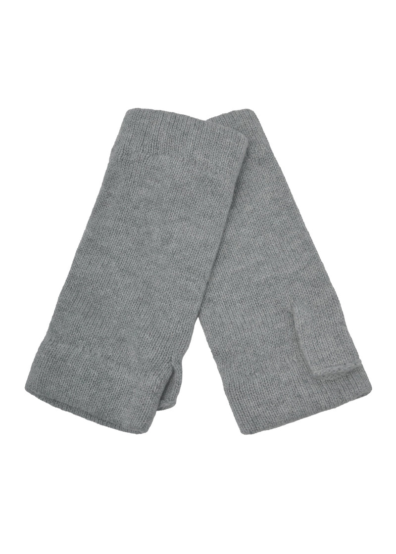 A pair of light grey knitted cashmere wrist warmers on a plain white background.