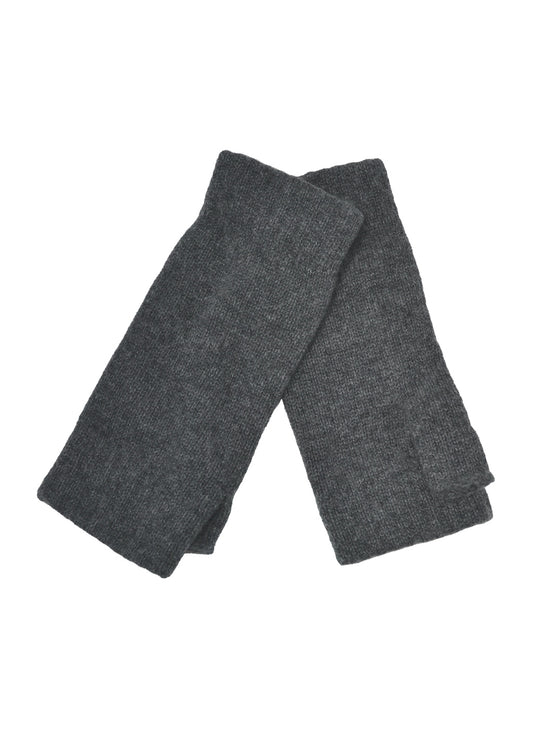 A pair of knitted cashmere wrist warmers in a mid grey marl against a white background.