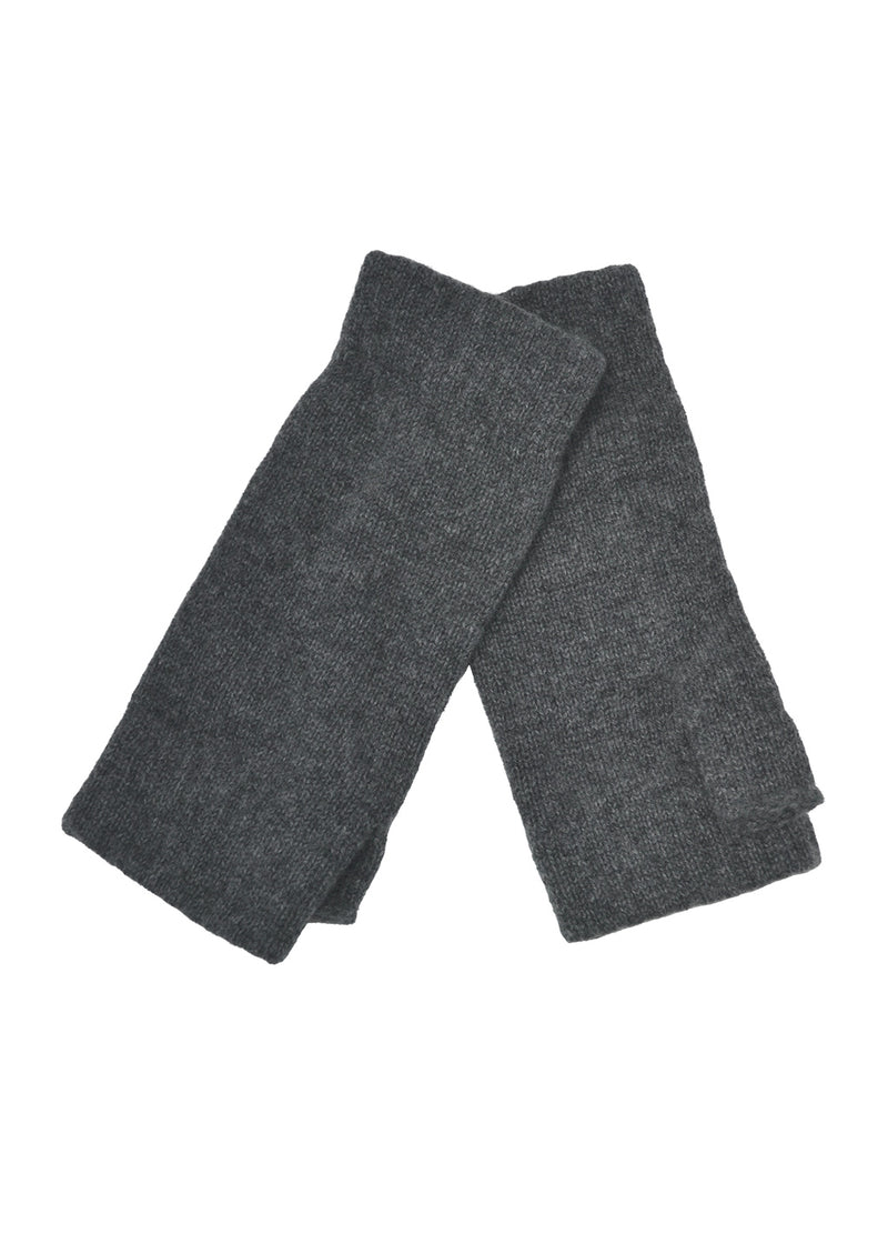 A pair of knitted cashmere wrist warmers in a mid grey marl against a white background.
