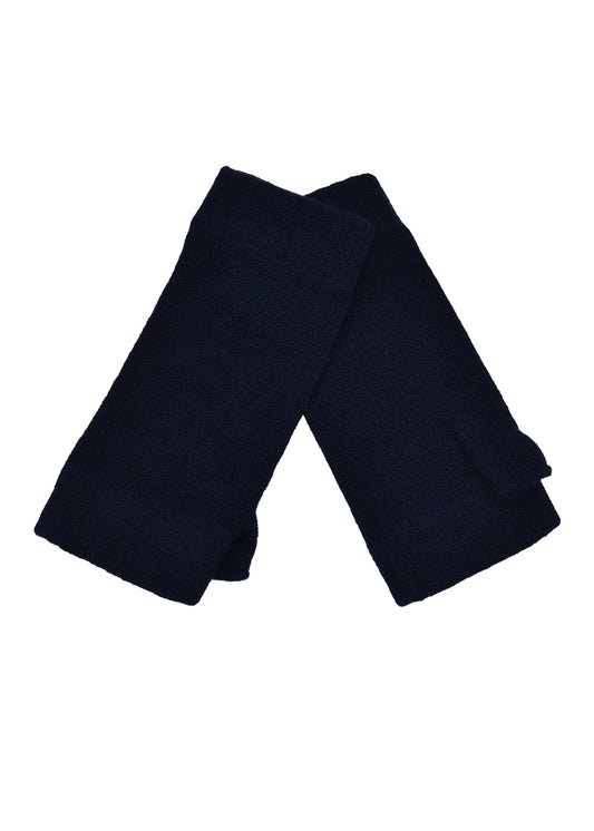 A pair of navy blue knit cashmere wrist warmers folded together on a plain white background.