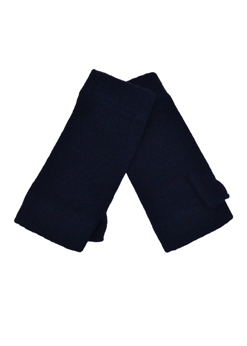 A pair of navy blue knit cashmere wrist warmers folded together on a plain white background.