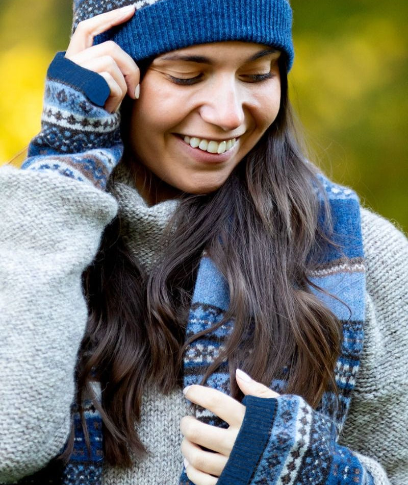clyde blue brown fair isle wrist warmer fingerless gloves
