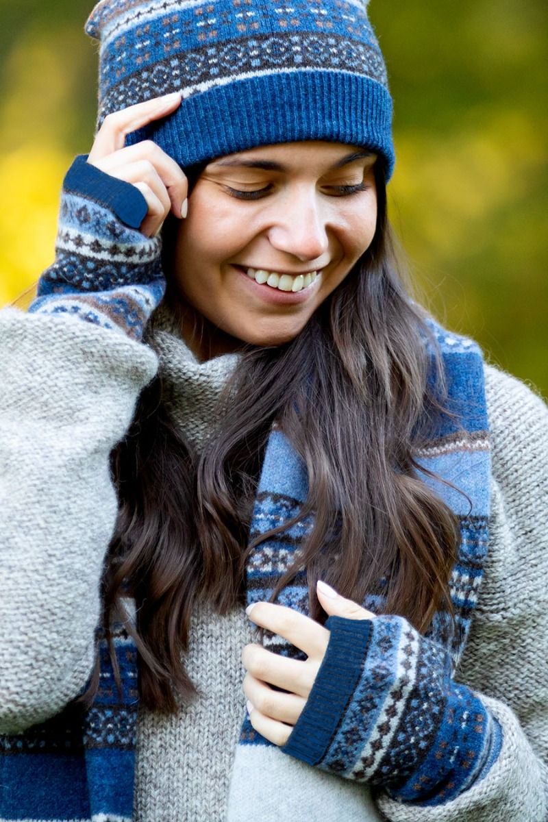 clyde blue brown fair isle wrist warmer fingerless gloves