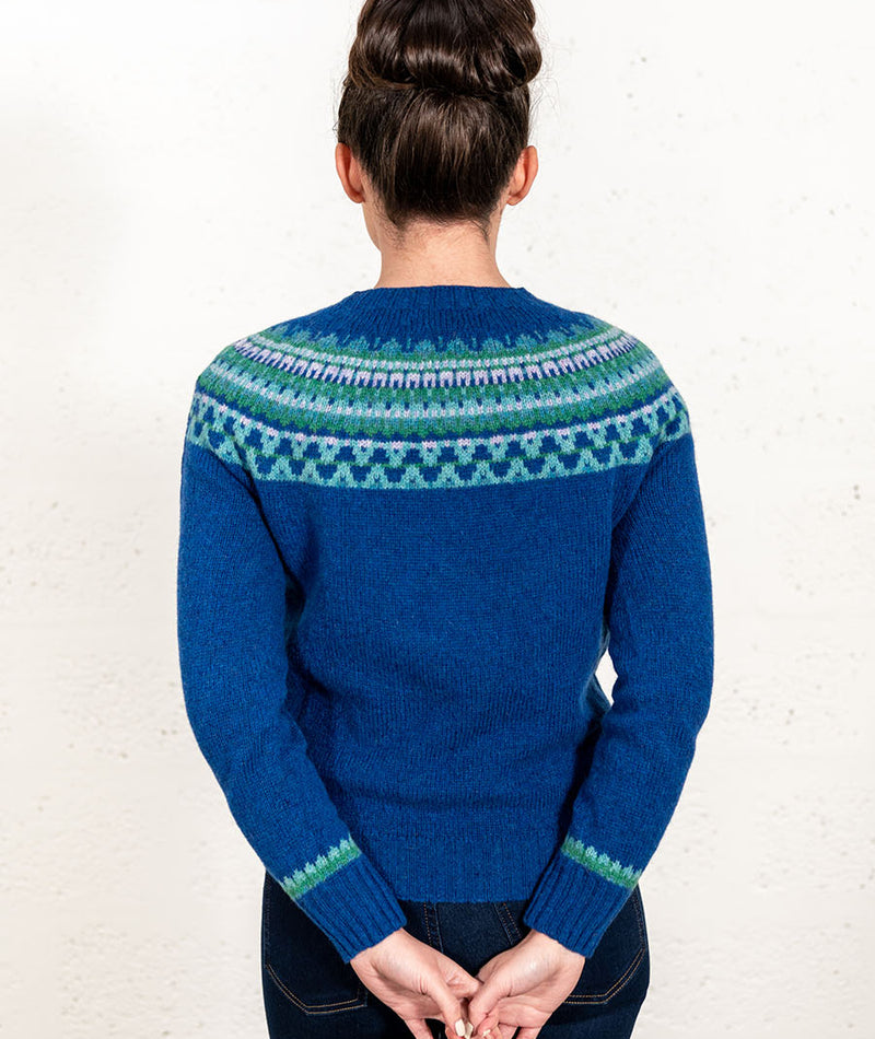 scottish fair isle jumper sweater blue wool lido yoke