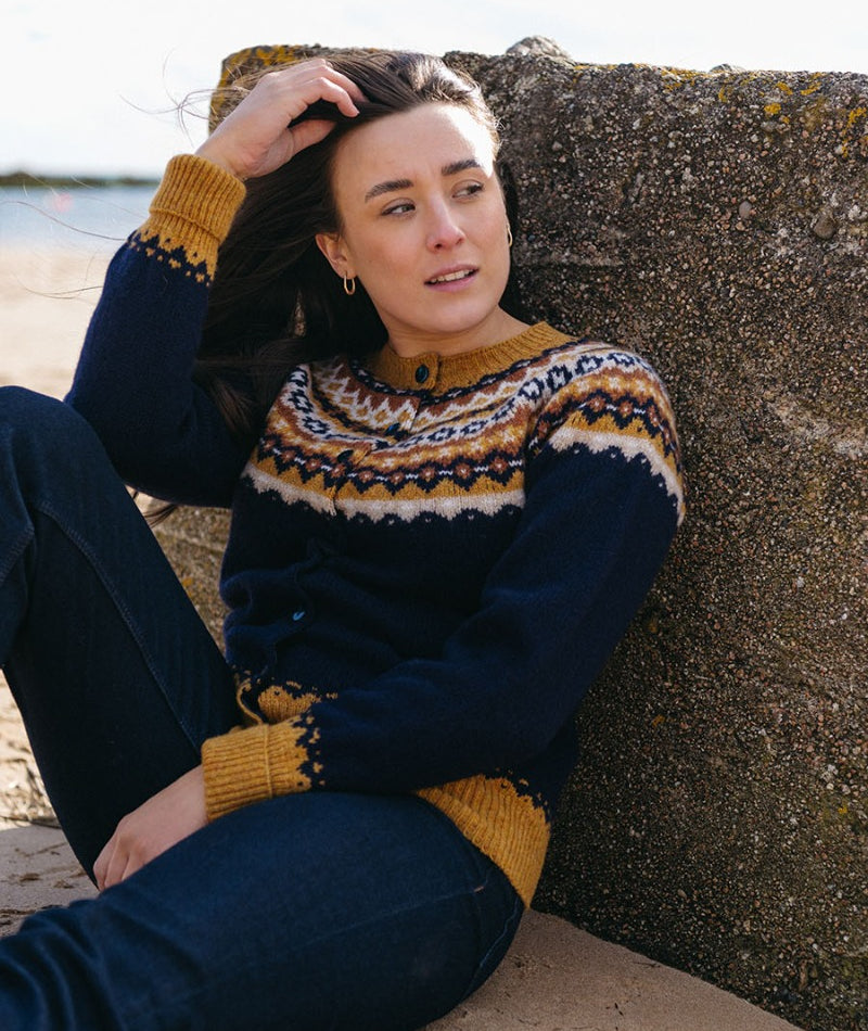 Navy shetland wool fair isle cardigan crathie yoke