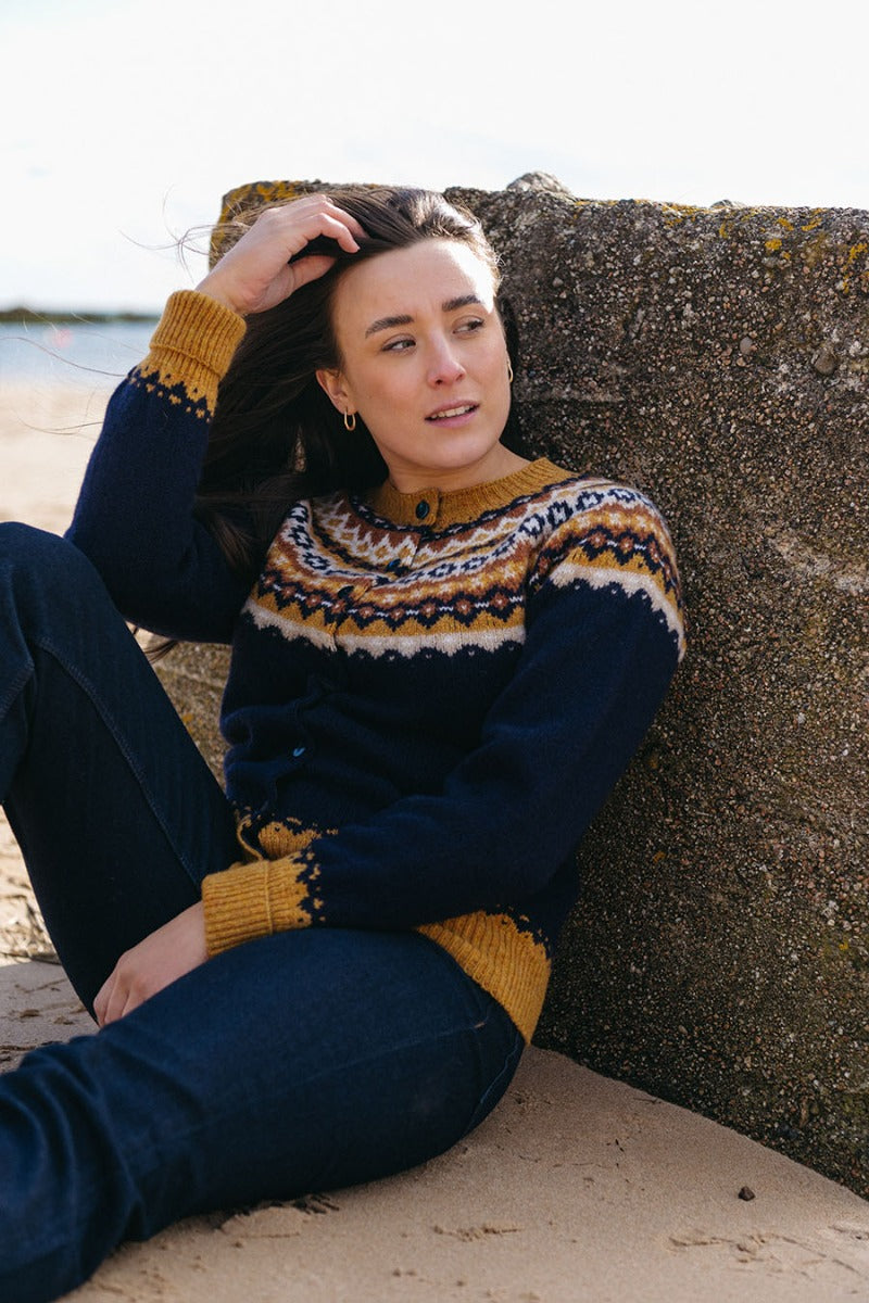 Navy shetland wool fair isle cardigan crathie yoke