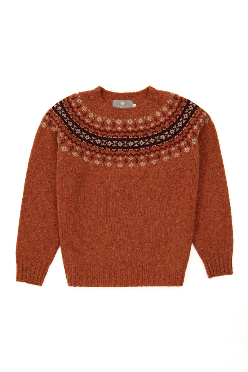 Womens Orange Fair Isle Jumper in Donegal Wool with Croft yoke pattern ...