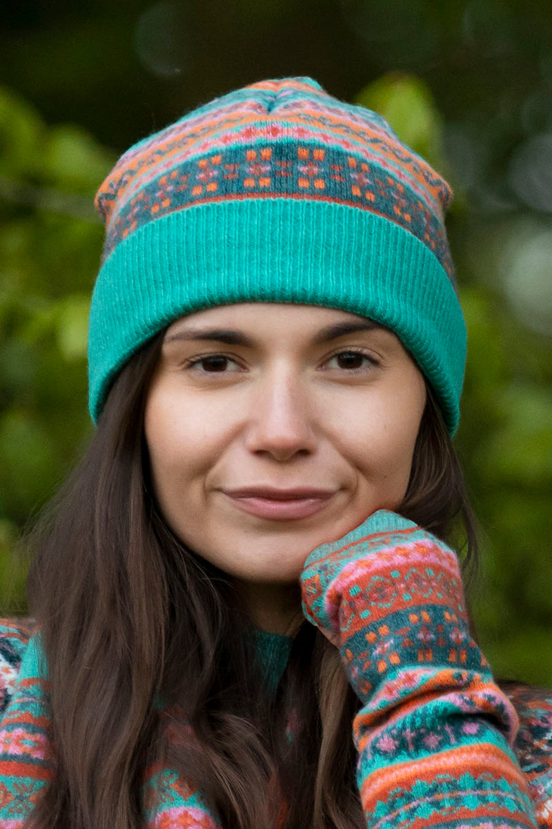fair isle beanie hat wool aqua orange clyde
