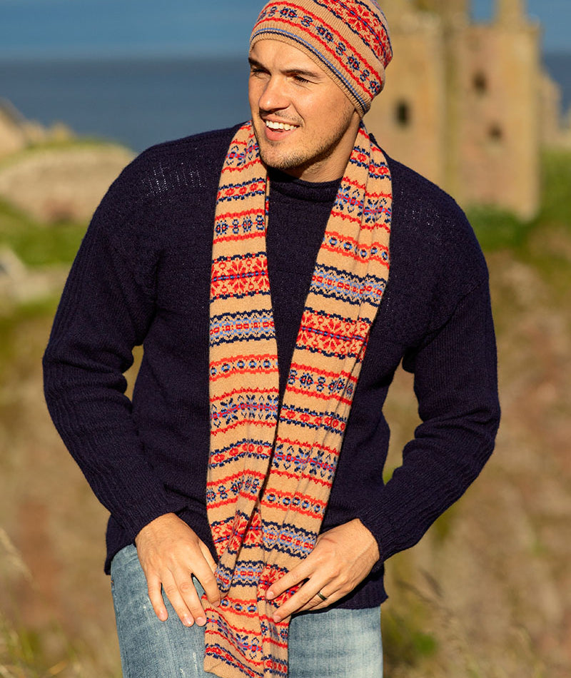 Fair isle mens scarf camel red blue wool Scalloway