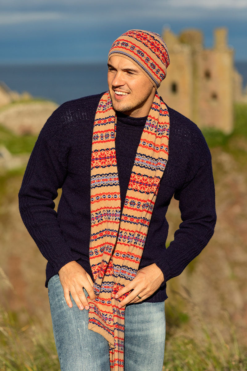 Fair isle mens scarf camel red blue wool Scalloway