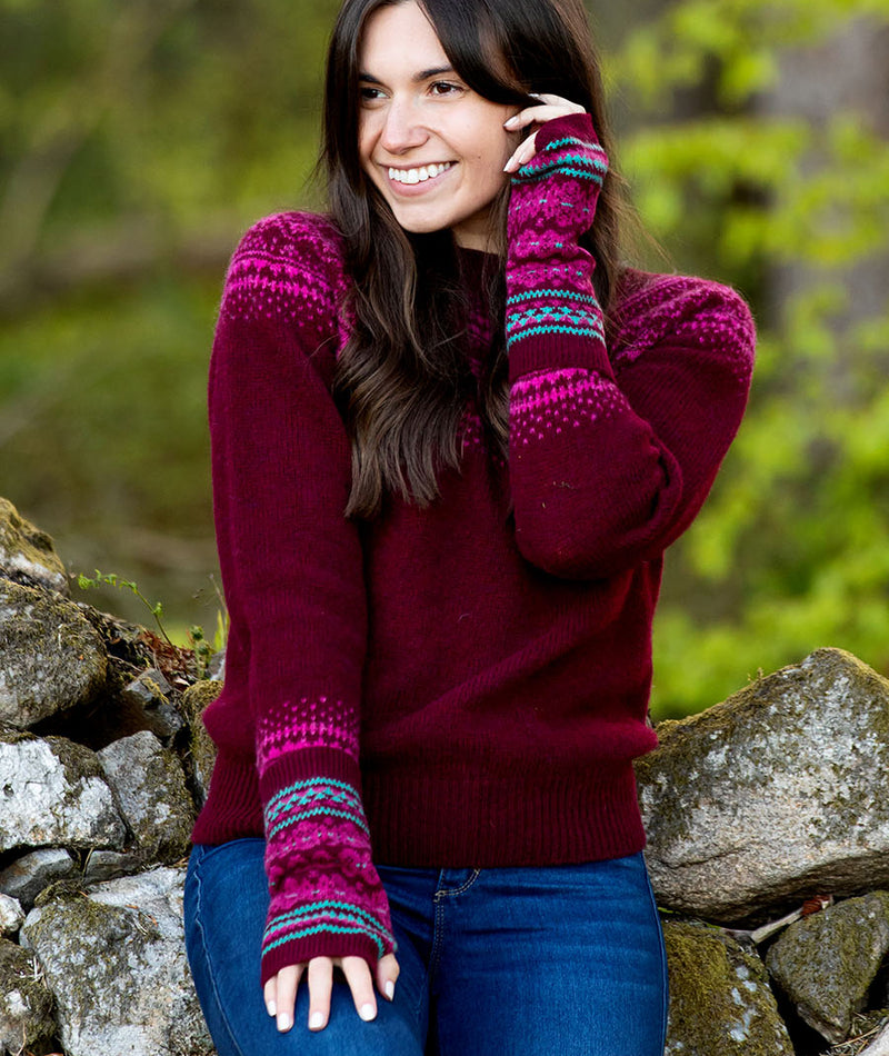 fair isle burgundy wrist warmers fingerless gloves burgundy wine beetroot wool stockbridge