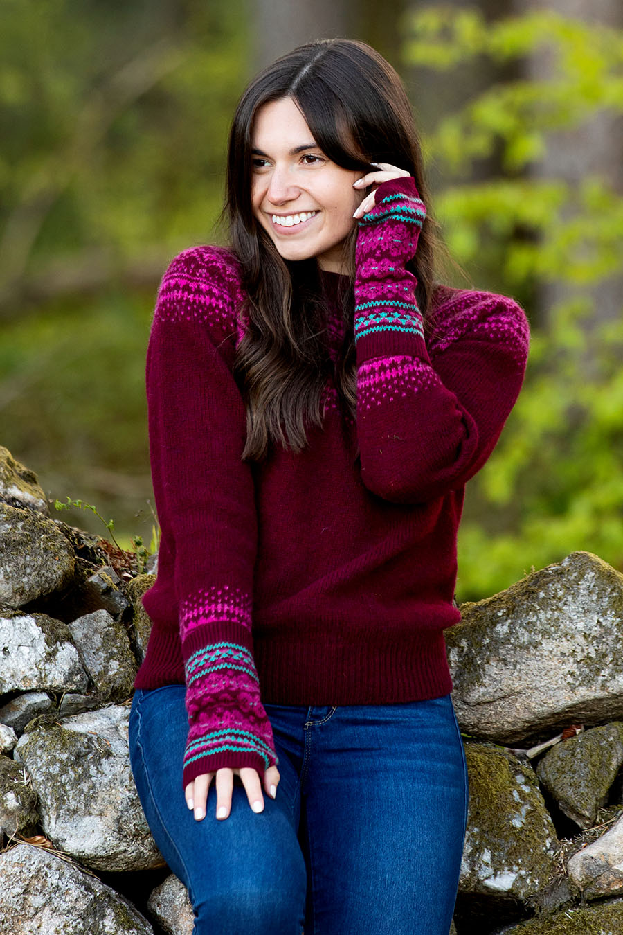 fair isle burgundy wrist warmers fingerless gloves burgundy wine beetroot wool stockbridge