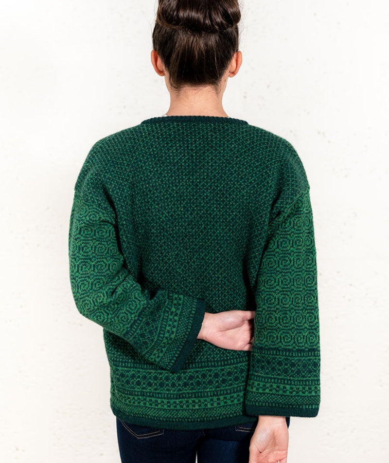 Green British wool fair isle womens cardigan towie