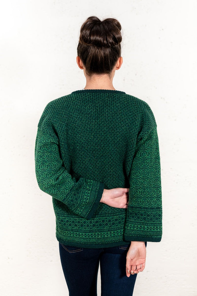 Green British wool fair isle womens cardigan towie