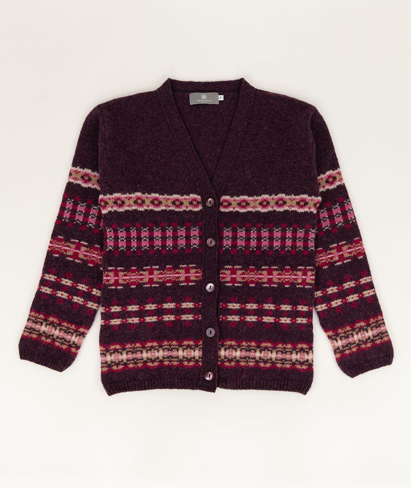 wool fair isle cardigan womens v neck burgundy aubergine