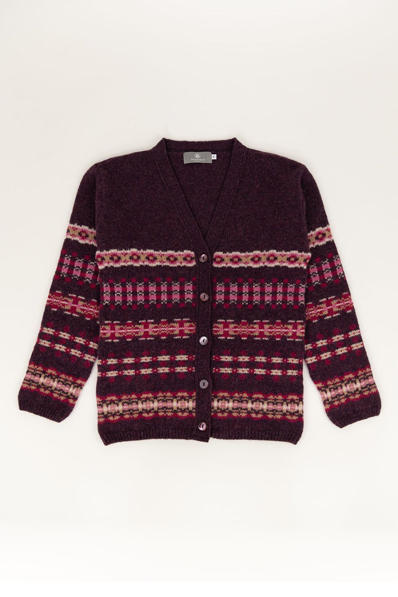 wool fair isle cardigan womens v neck burgundy aubergine