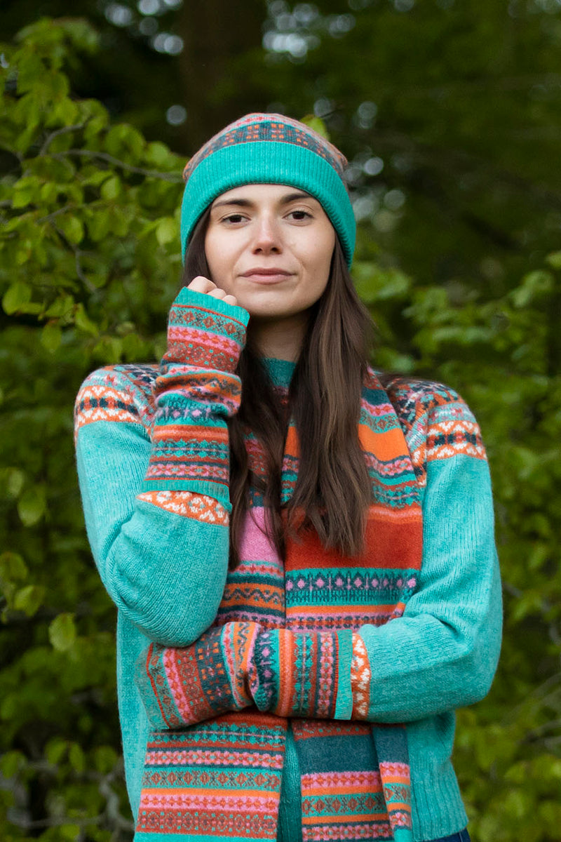 fair isle fingerless gloves wool aqua orange pink 
