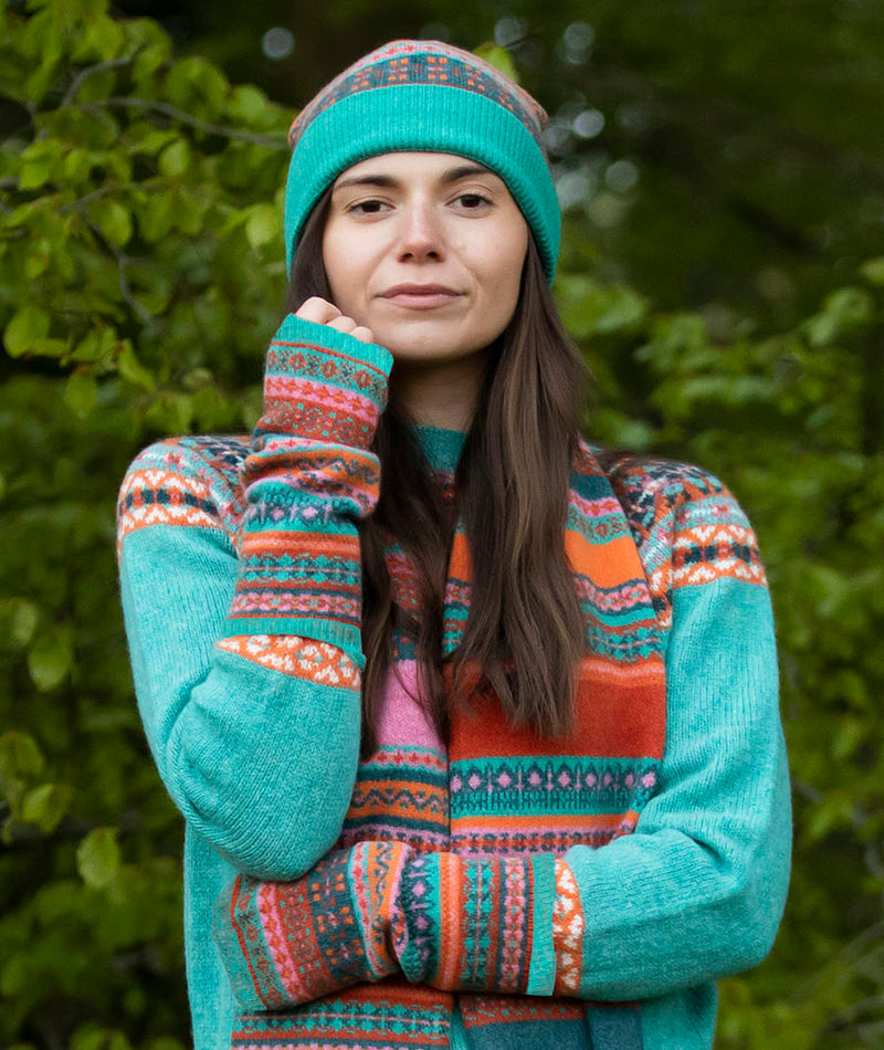 fair isle fingerless gloves wool aqua orange pink 