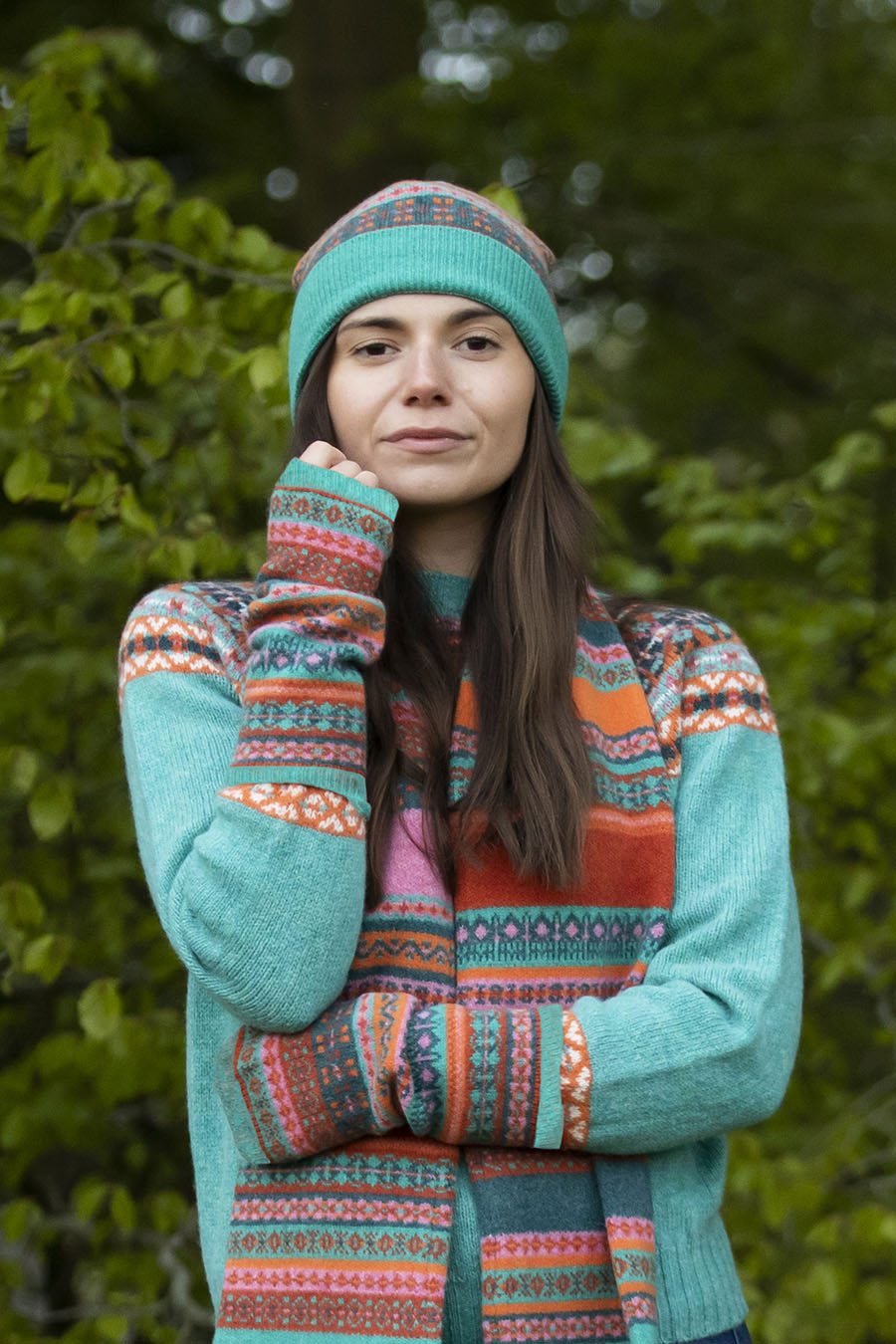 fair isle fingerless gloves wool aqua orange pink 