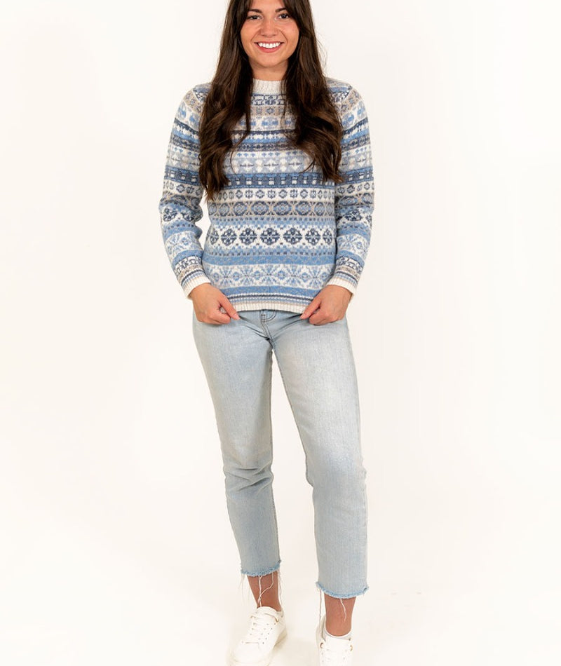womens fairisle jumper wool blue white drumtochty