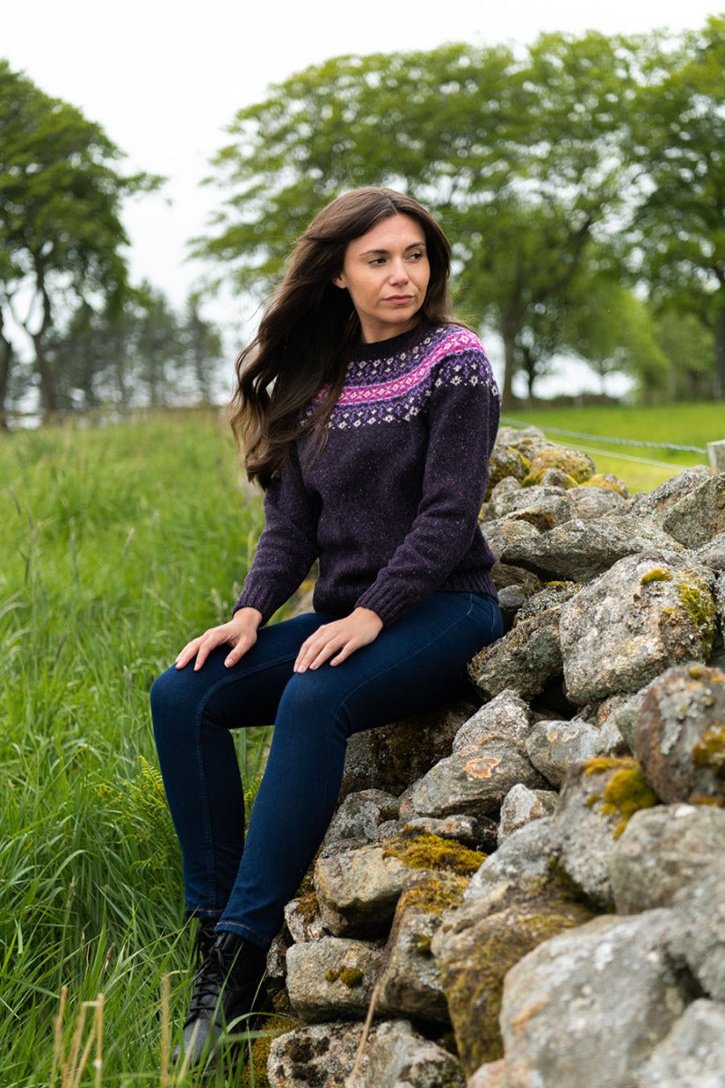 fair isle jumper made in Scotland. Purple pink wool croft yoke sweater