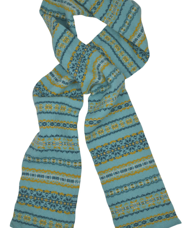 Fair isle aqua yellow scarf Scottish lambs wool Scalloway