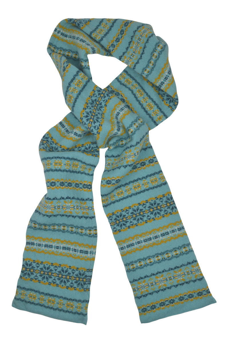 Fair isle aqua yellow scarf Scottish lambs wool Scalloway