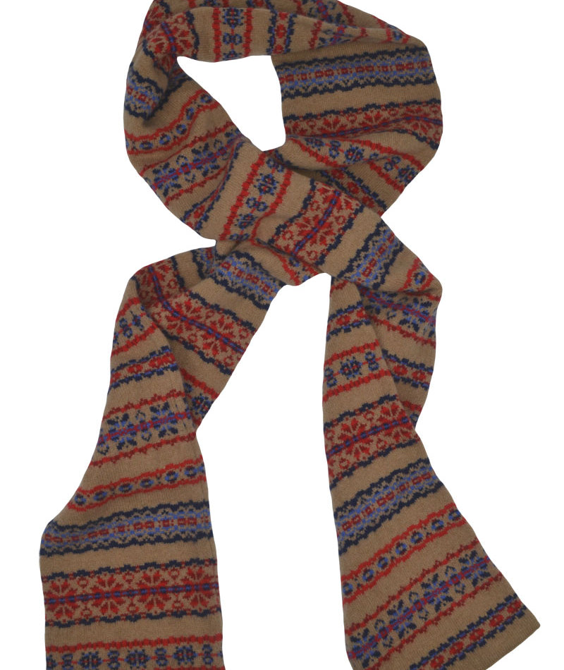  Fair isle red blue camel scarf Scottish lambs wool Scalloway