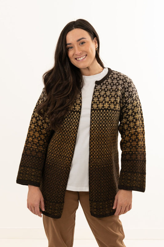 fair isle long cardigan coatigan wool yellow brown
