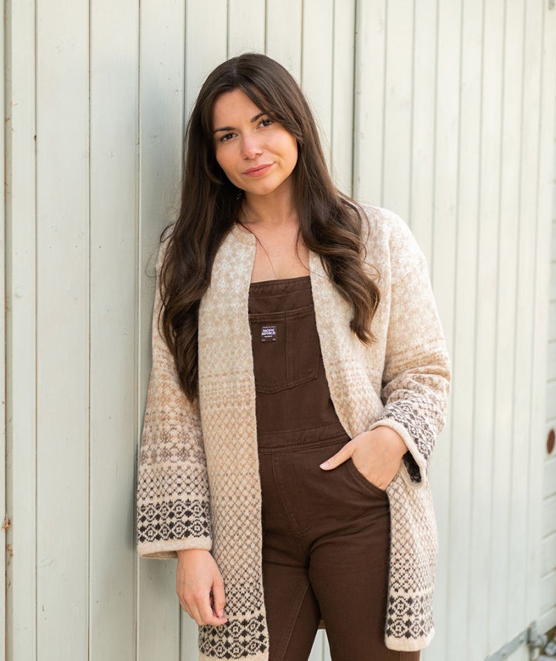 Womens Fair isle Long Kimono Cardigan Coatigan Beige