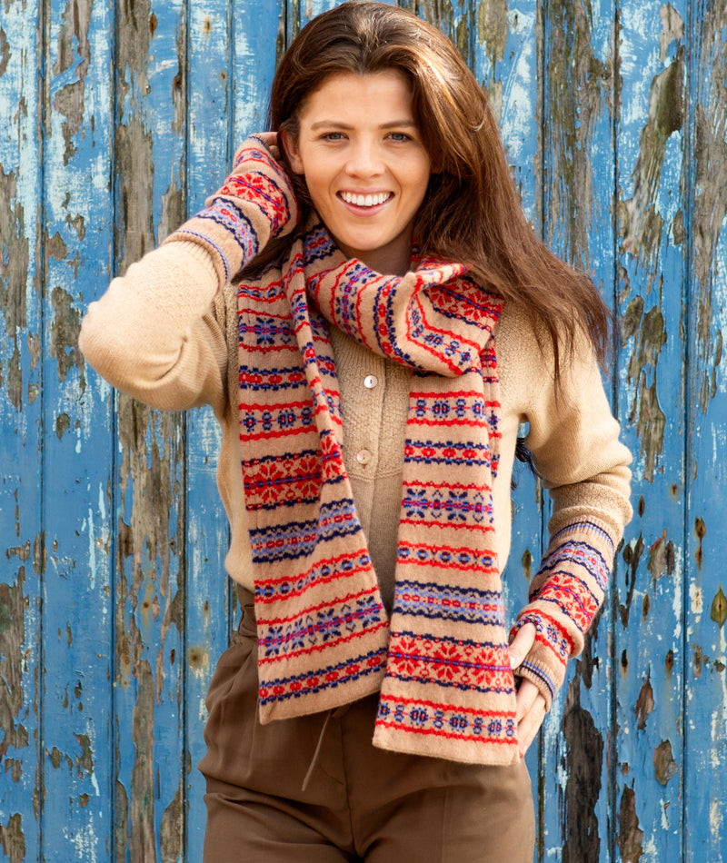 Fair isle scarf camel red blue Scottish lambs wool Scalloway