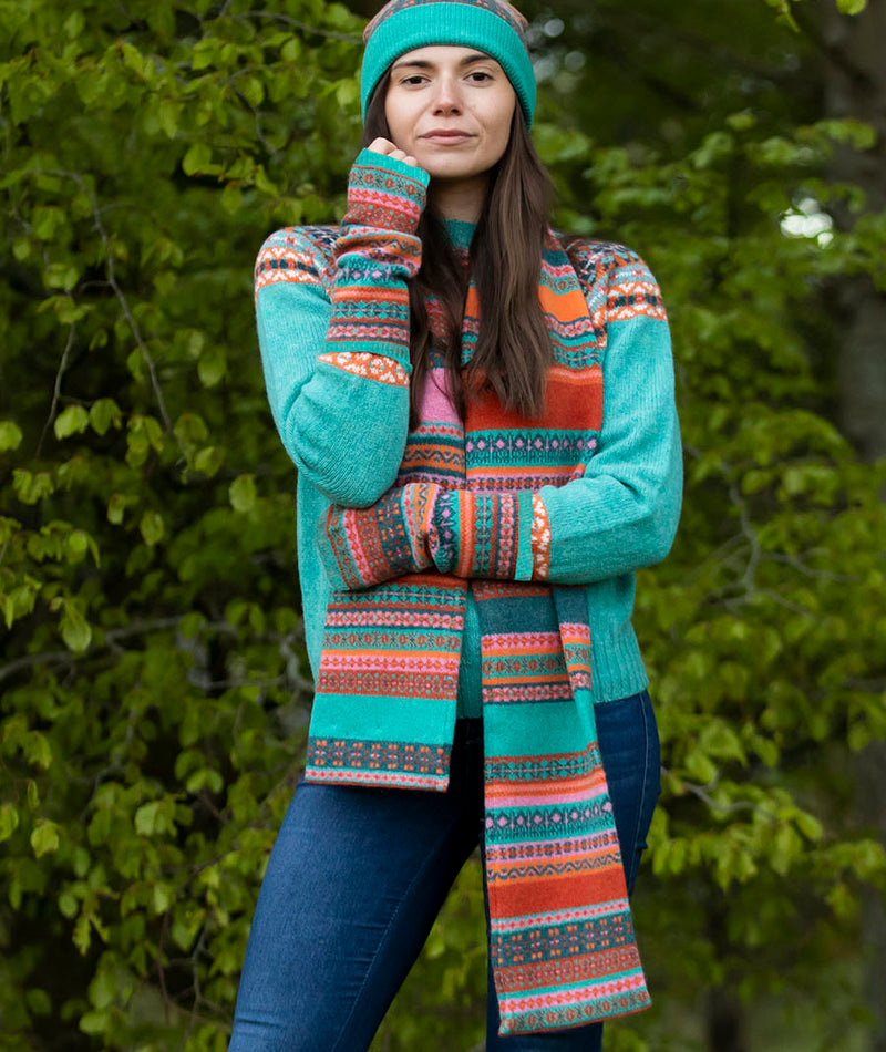 fair isle scarf lambs wool aqua orange pink clyde