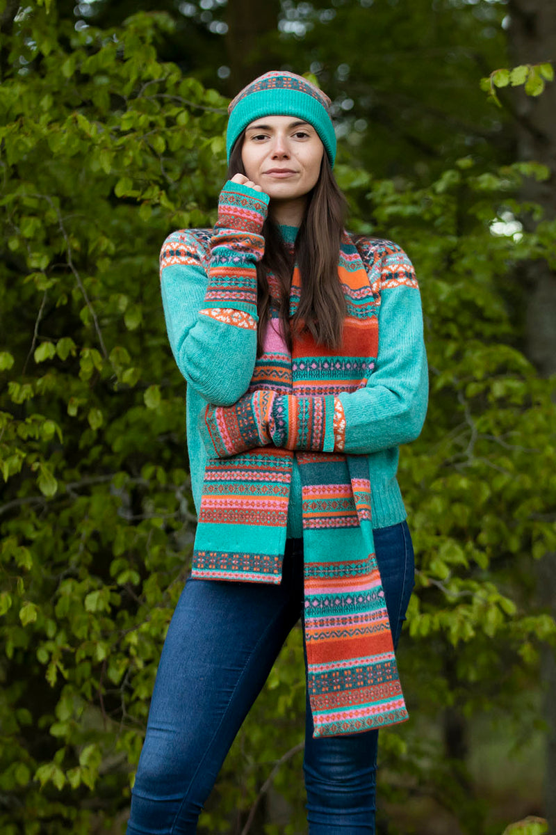 fair isle scarf lambs wool aqua orange pink clyde