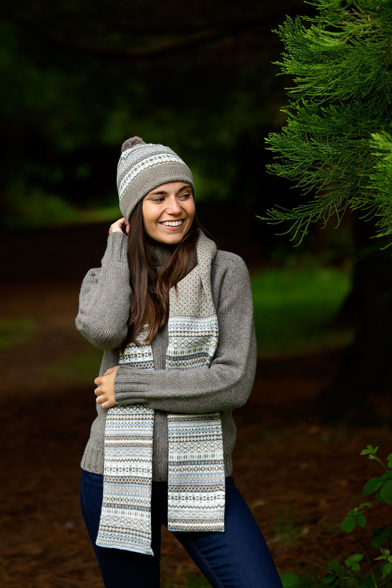 fair isle ski hat brown linen beige wool bobble pom