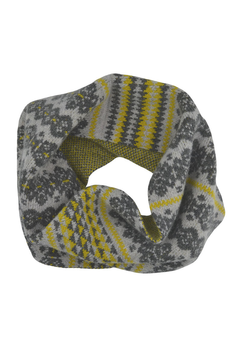 Fair isle cowl scarf grey yellow gray Scottish lambs wool Stockbridge