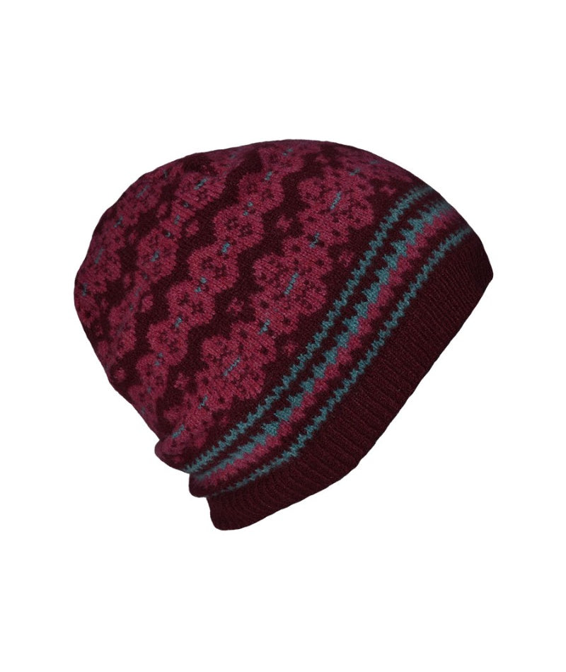 fair isle beanie hat wool burgundy