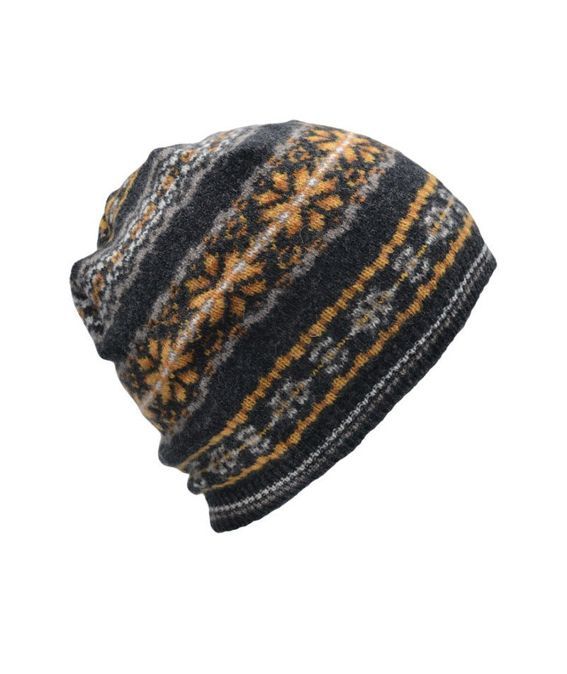 fair isle wool beanie hat charcoal yellow mustard scalloway