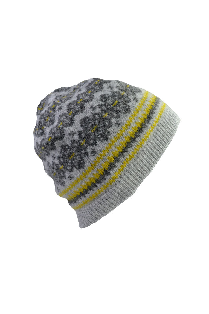 Fair isle beanie hat grey yellow lambs wool stockbridge