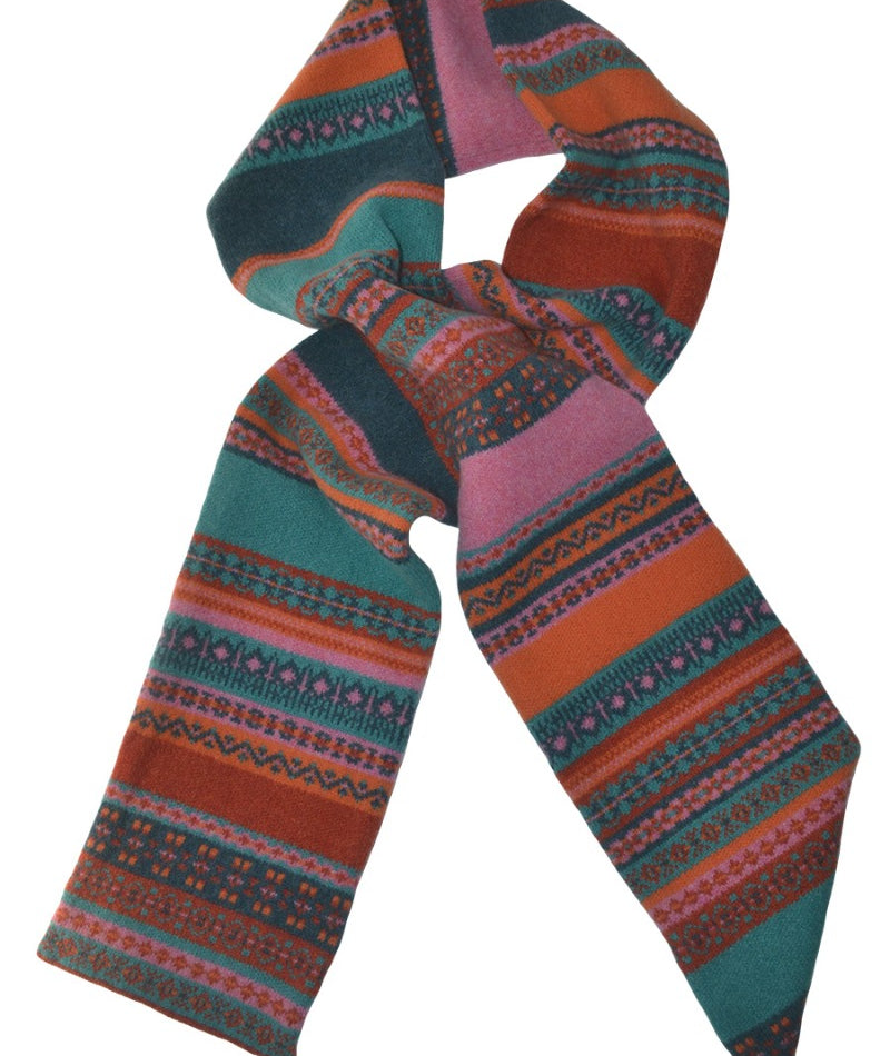 wool fair isle scarf orange aqua pink clyde