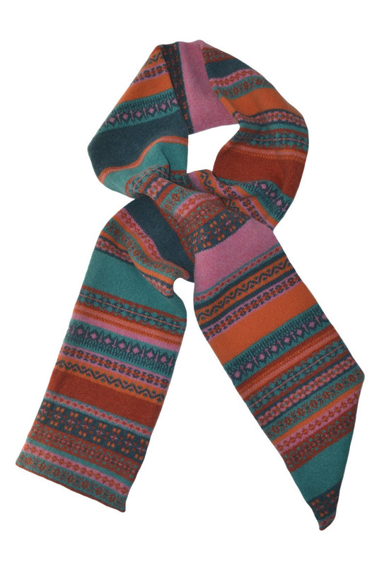 wool fair isle scarf orange aqua pink clyde
