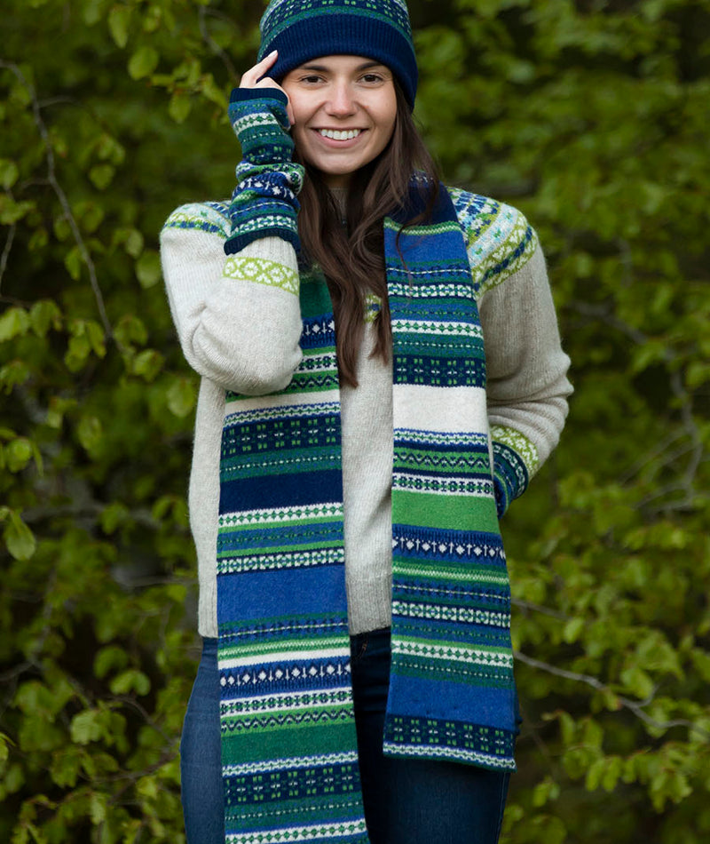 fair isle wool scarf green blue clyde