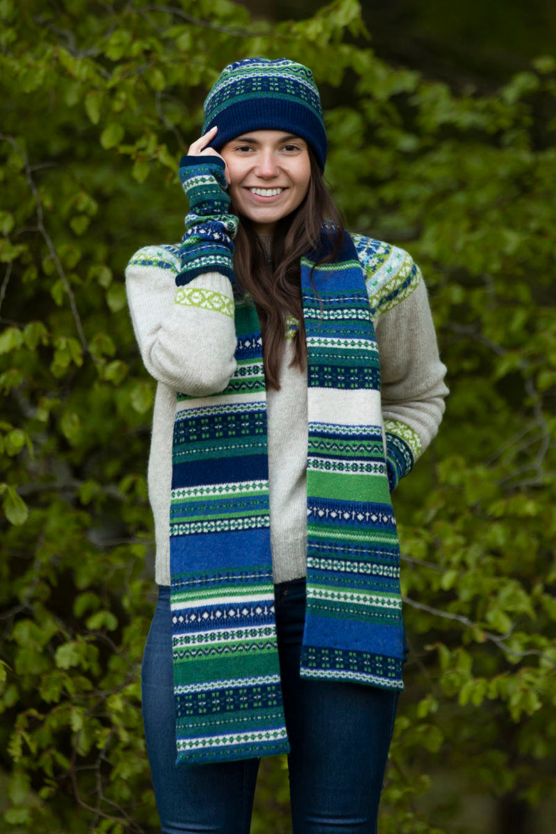 fair isle wool scarf green blue clyde