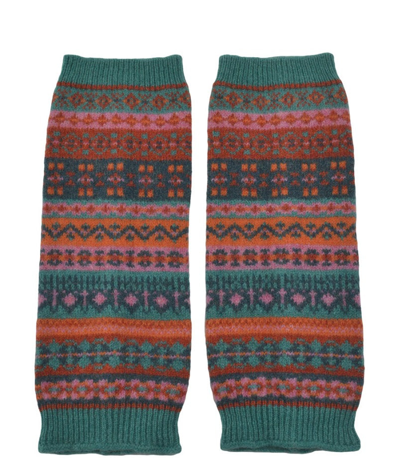 fair isle wrist warmer fingerless gloves aqua orange pink